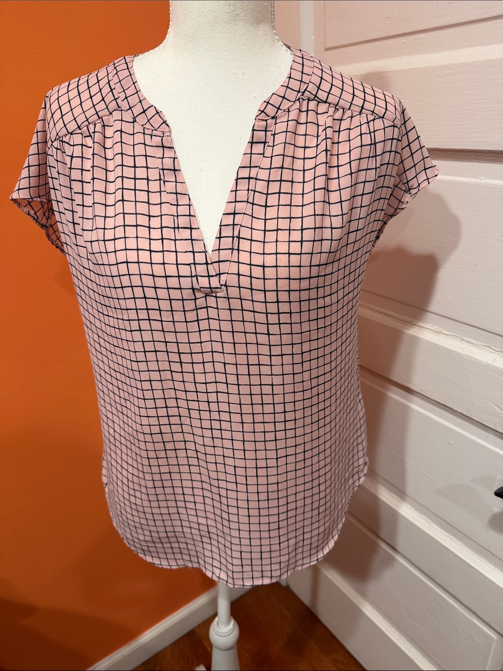 Banana Republic Pink Grid V-Neck Blouse